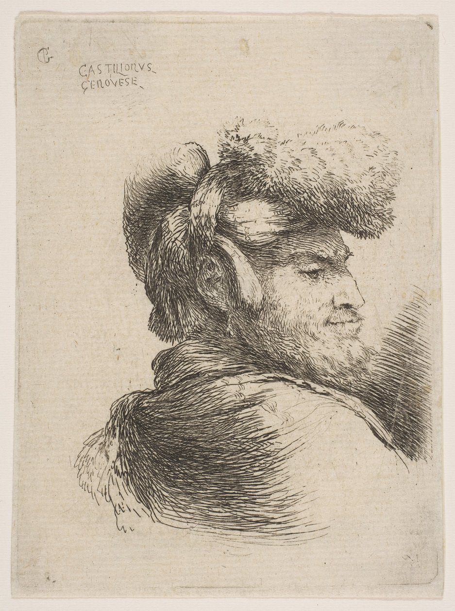 Mies profiilissa oikealle päin, karvahattu yllään, sarjasta Small Heads in Orie..., n. 1645-50. tekijältä Giovanni Benedetto Castiglione