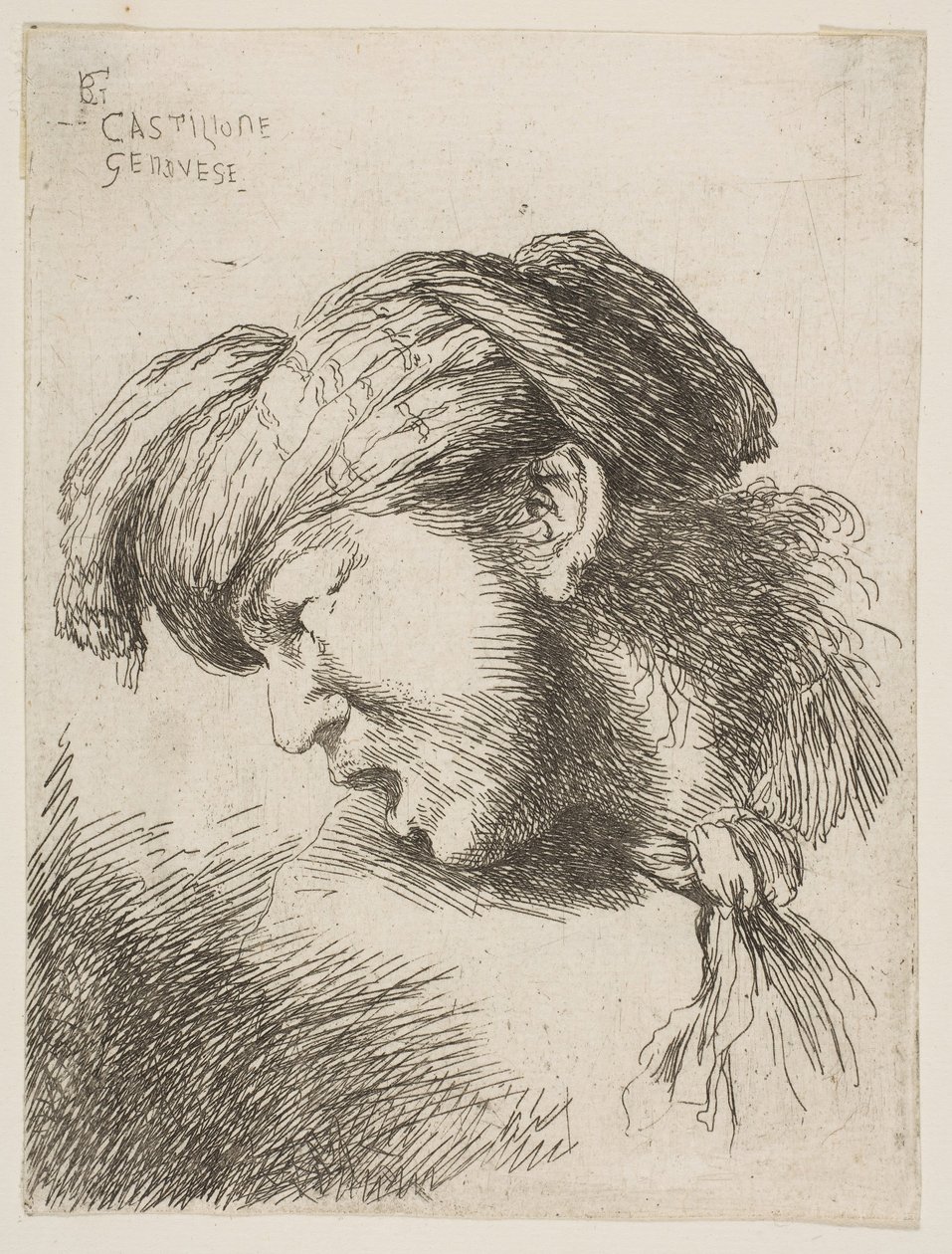 Mies, jolla on turbaani, solmio kaulassa, kasvot vasemmalle, sarjasta..., 1645-1650. tekijältä Giovanni Benedetto Castiglione