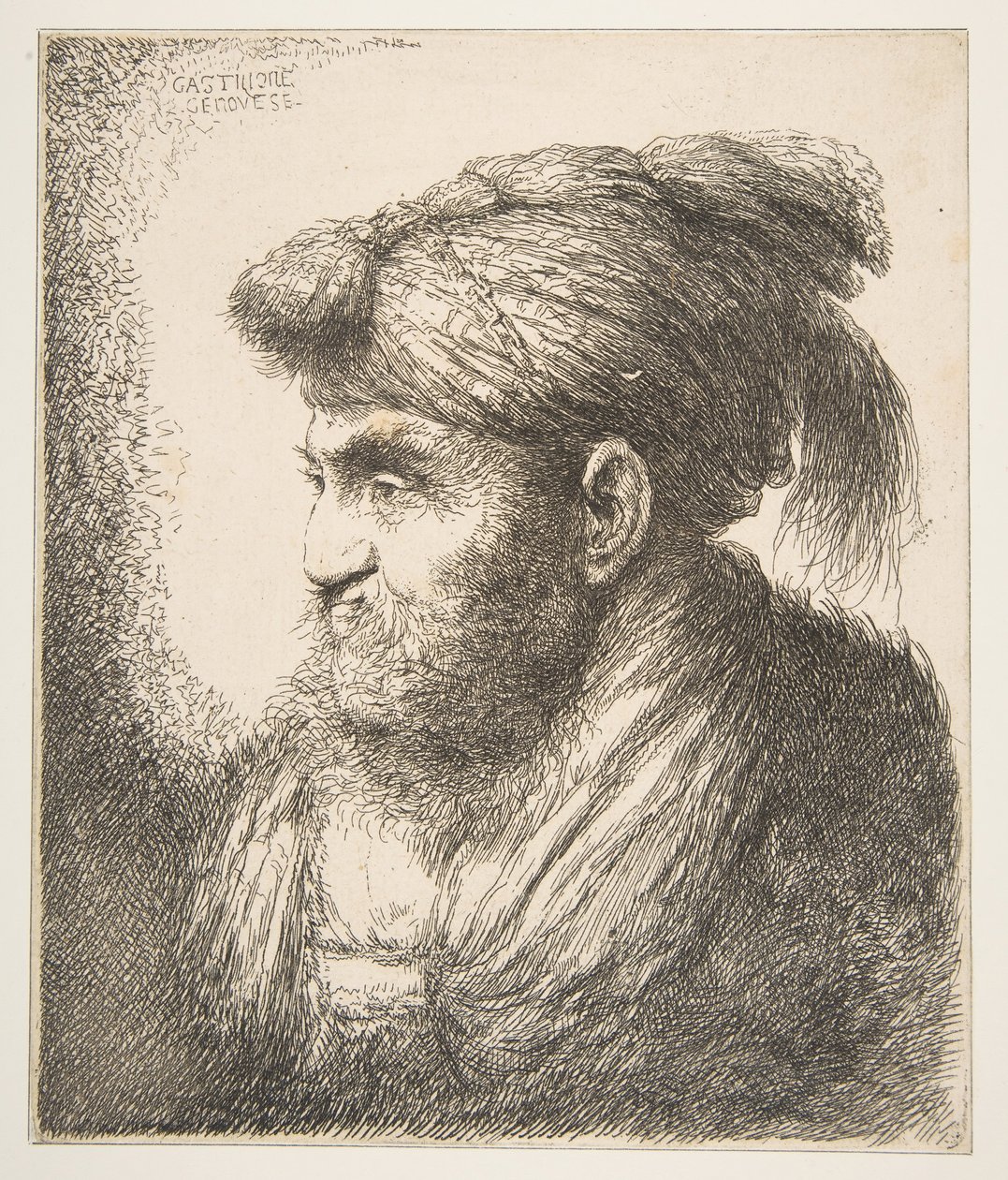 Mies turbaanissa vasemmalle päin, sarjasta Large Oriental Heads, n. 1645-50. tekijältä Giovanni Benedetto Castiglione