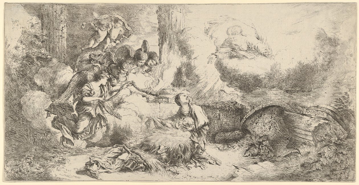 Syntymä Isä Jumala ja enkelit, n. 1647-50. tekijältä Giovanni Benedetto Castiglione