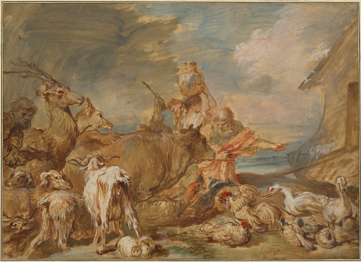 Nooa johdattaa eläimiä arkkiin tekijältä Giovanni Benedetto Castiglione