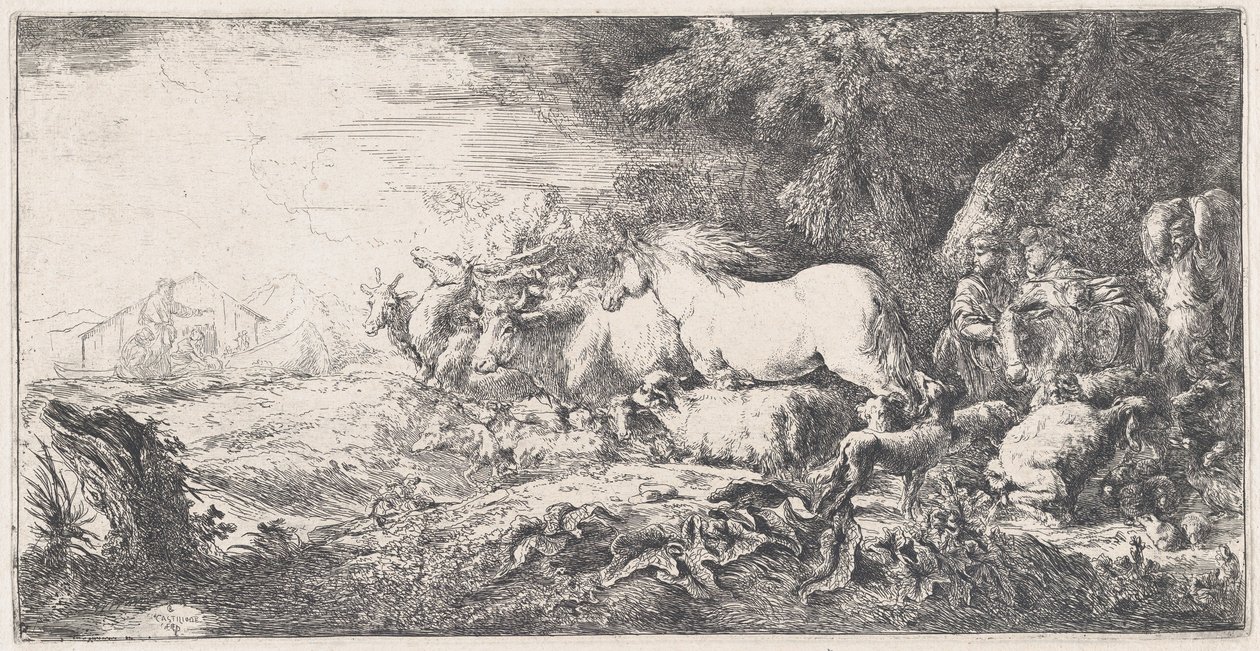 Nooa ja eläimet saapuvat arkkiin, n. 1650-55. tekijältä Giovanni Benedetto Castiglione