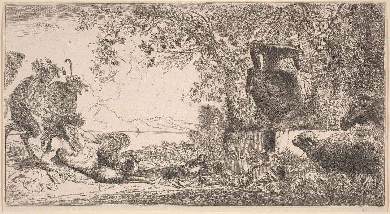 Pannu makuuasennossa ison maljakon edessäPannu makuuasennossa ison maljakon edessä tekijältä Giovanni Benedetto Castiglione