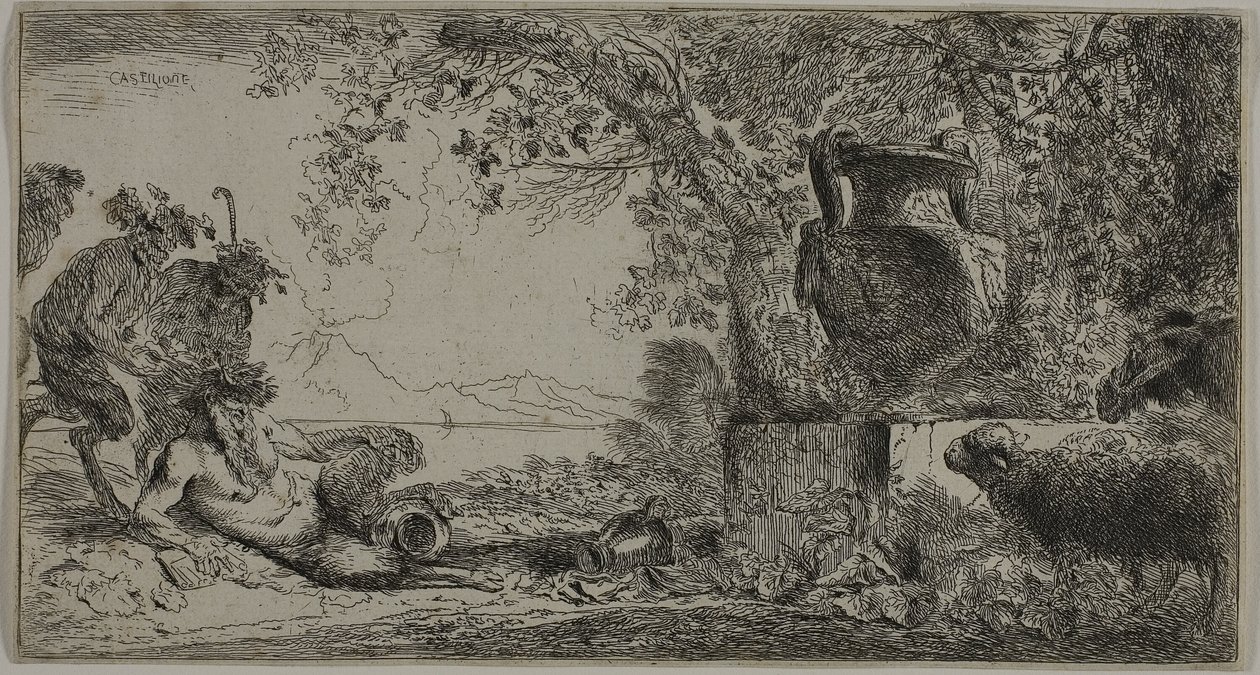 Pannu makuuasennossa ison maljakon edessä tekijältä Giovanni Benedetto Castiglione