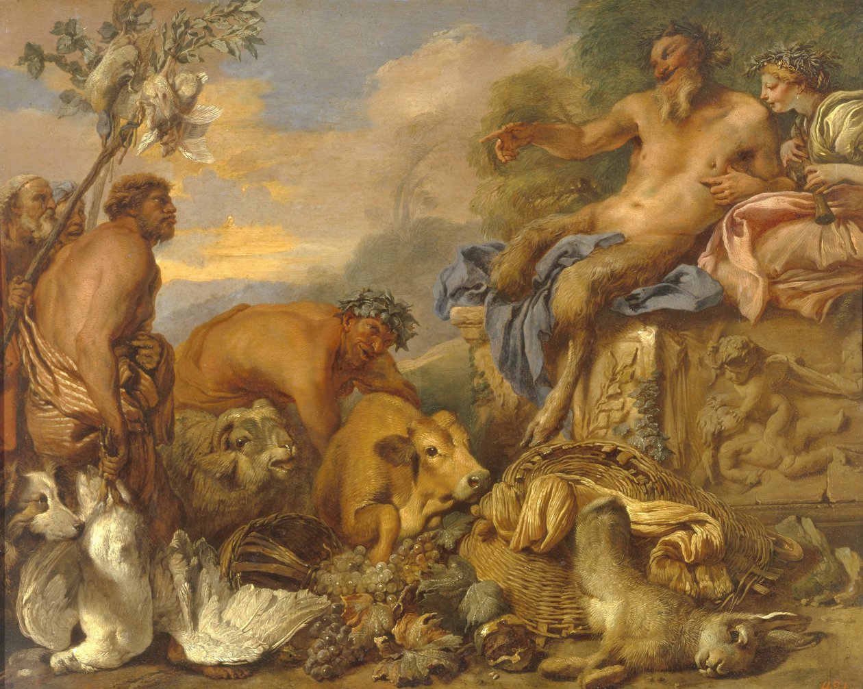 Satyyrit tuomassa lahjojaan, 1640-luvun alku. tekijältä Giovanni Benedetto Castiglione