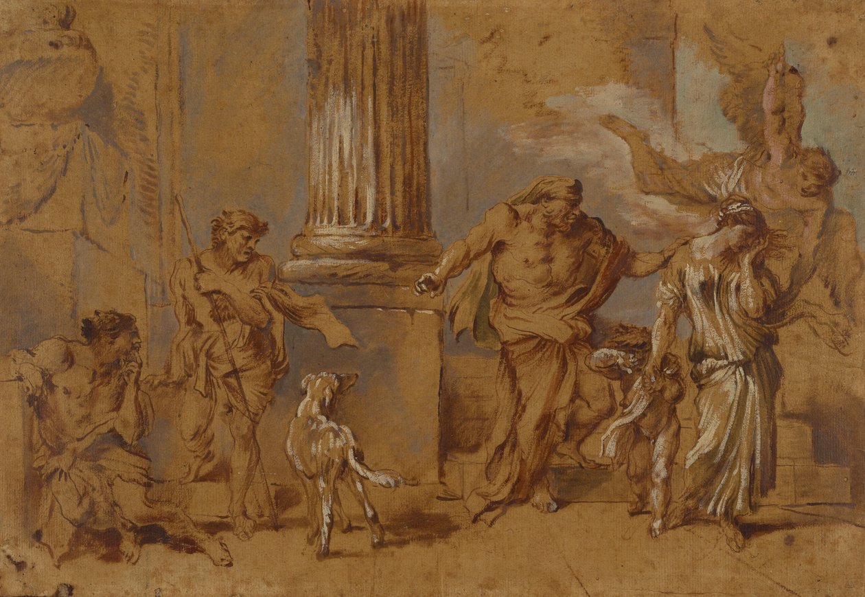 The Expulsion of Hagar, n. 1640 (punaruskea, sinivihreä ja valkoinen öljymaali ja sivellin ruskeanruskealle paperille) tekijältä Giovanni Benedetto Castiglione