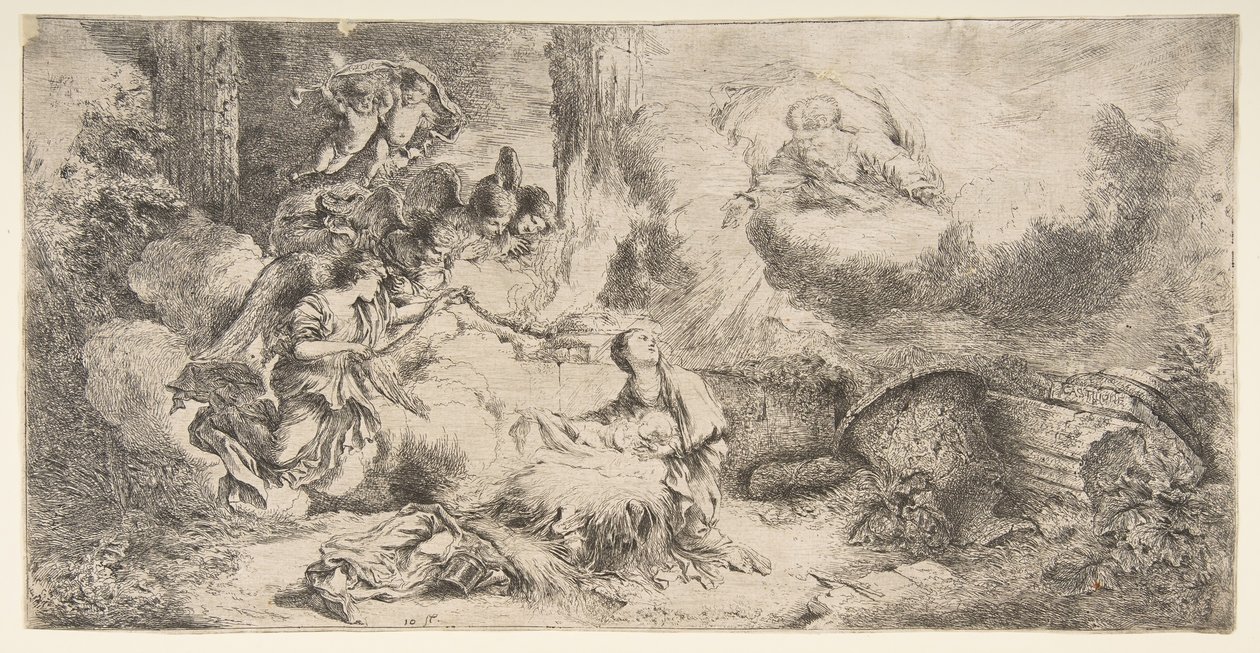 Neitsyt ja lapsi, Jumala isä ylhäällä oikealla, enkelit vasemmalla, n. 1647-50. tekijältä Giovanni Benedetto Castiglione