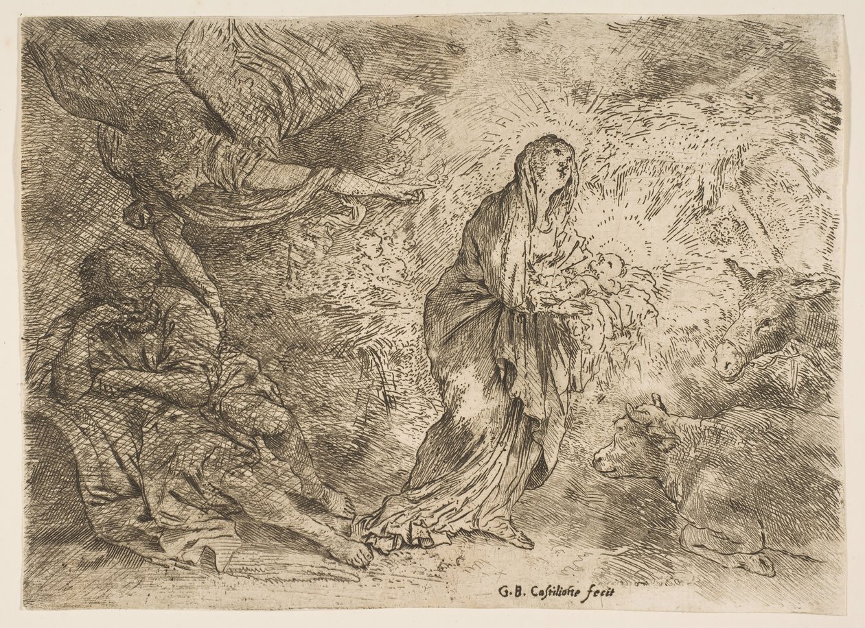 Enkeli herättää Joosefin Neitsyen ja Lapsen läsnäoloon, n. 1645-49. tekijältä Giovanni Benedetto Castiglione