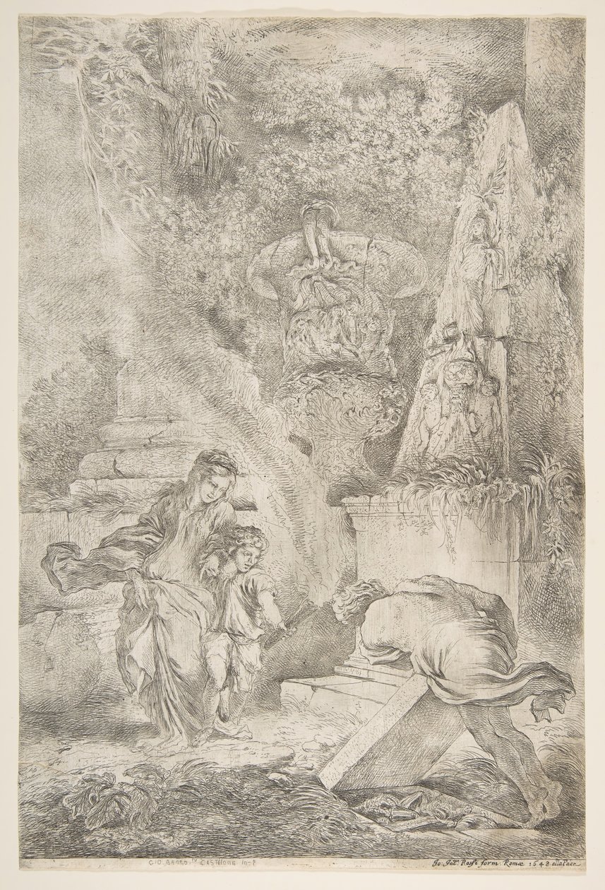 Theseus löytää isänsä käsivarret, 1645 julkaistu 1648. tekijältä Giovanni Benedetto Castiglione