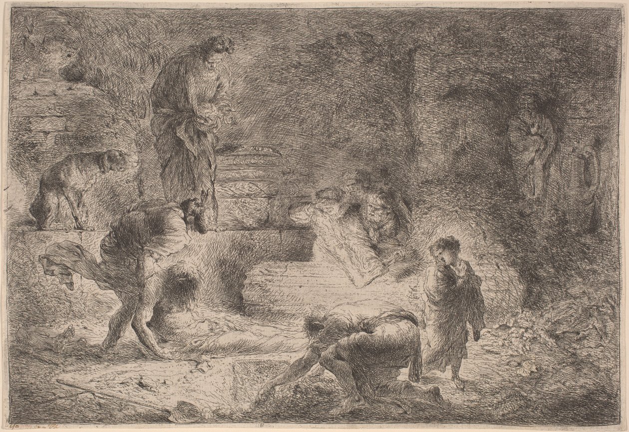 Tobit hautaa kuolleita tekijältä Giovanni Benedetto Castiglione