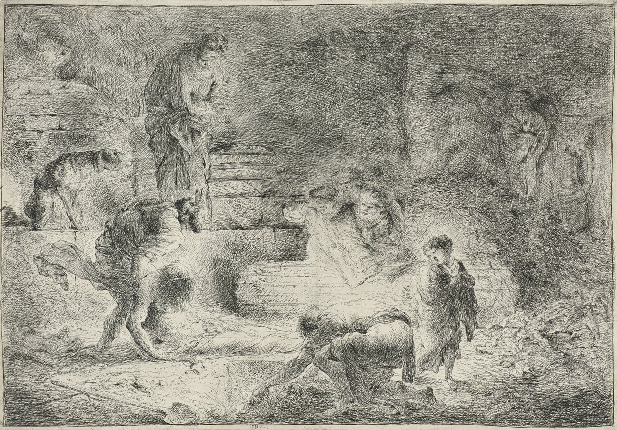 Tobit Burying the Dead, n. 1647-1651 tekijältä Giovanni Benedetto Castiglione