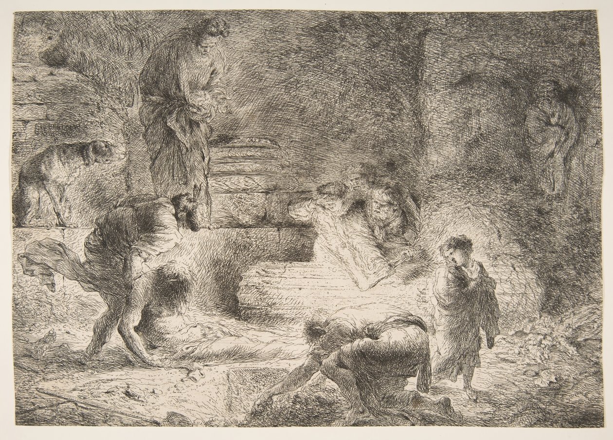 Tobit hautaamassa kuolleita, n. 1647-51. tekijältä Giovanni Benedetto Castiglione