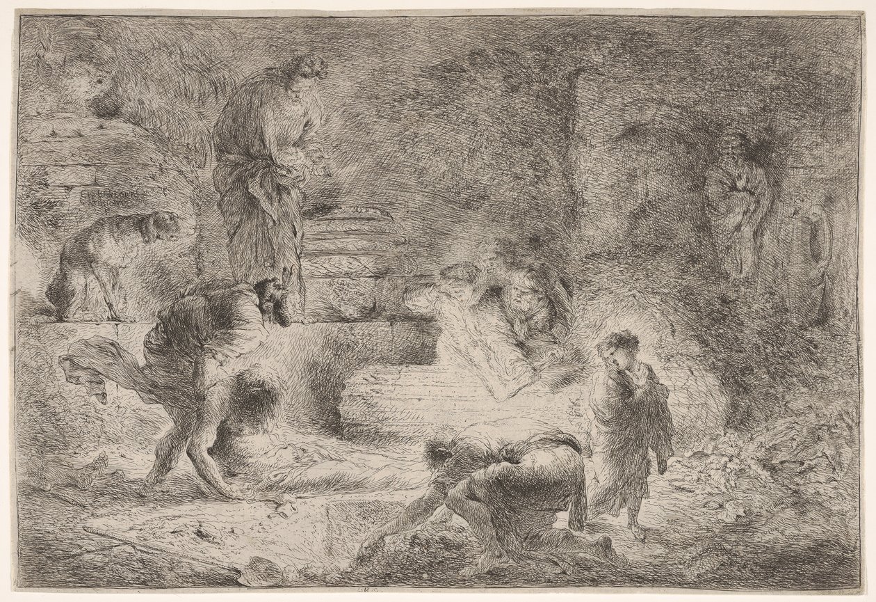 Tobit hautaamassa kuolleita, n. 1647-51. tekijältä Giovanni Benedetto Castiglione