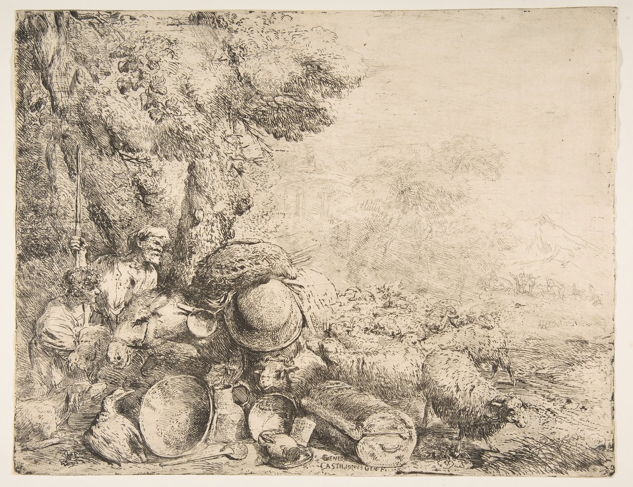Kaksi paimenta, aasi ja muita eläimiä maisemassa, n. 1638-1640. tekijältä Giovanni Benedetto Castiglione