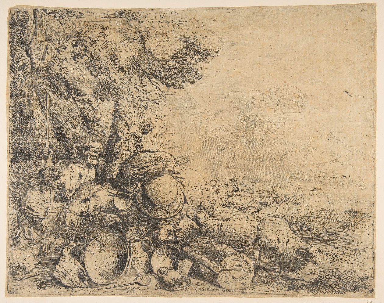 Kaksi paimenta, aasi ja muita eläimiä maisemassa, n. 1638-1640. tekijältä Giovanni Benedetto Castiglione