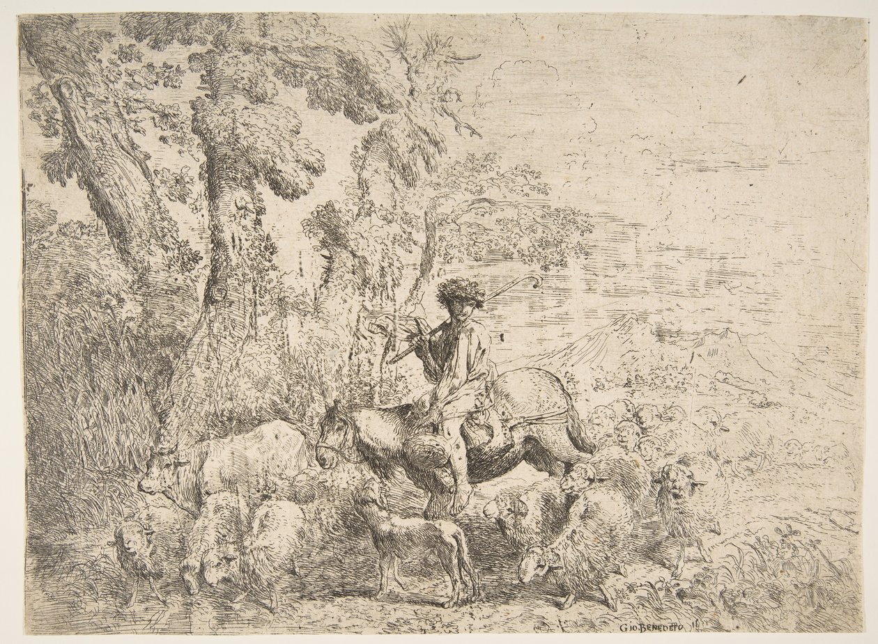 Nuori paimen hevosen selässä, 1638. tekijältä Giovanni Benedetto Castiglione