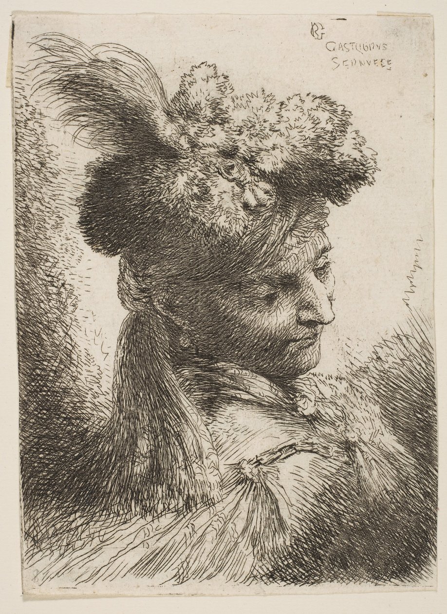 Nuori mies kasvot kolme neljäsosaa oikealle yllään turkispäähine, jossa on höyhen, jalokivi ..., n. 1645-1650. tekijältä Giovanni Benedetto Castiglione