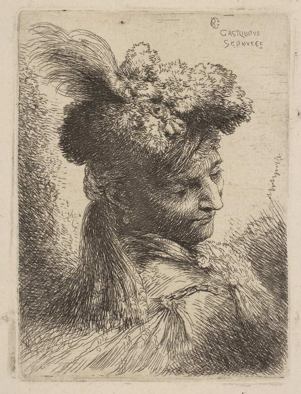 Nuori mies kasvot kolme neljäsosaa oikeaan, yllään turkispäähine, jossa on höyhen, jalokivi ja..., n. 1645-50. tekijältä Giovanni Benedetto Castiglione