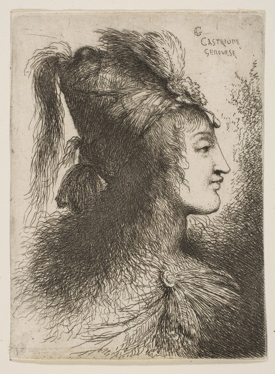 Nuori mies pukeutunut turbaani, oikealle, sarjasta Small Heads ..., noin. 1645-1650. tekijältä Giovanni Benedetto Castiglione