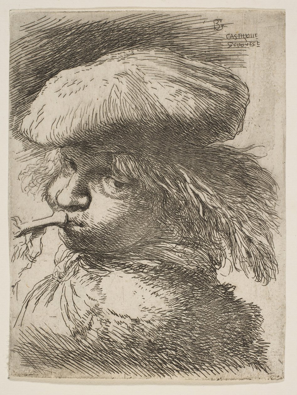 Nuori mies trumpetti vasemmalle, sarjasta Small Heads in Oriental..., n. 1645-1650. tekijältä Giovanni Benedetto Castiglione
