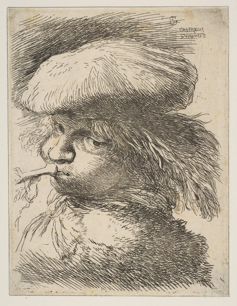 Nuori mies trumpetti vasemmalle, sarjasta Small Heads in Oriental..., n. 1645-1650. tekijältä Giovanni Benedetto Castiglione