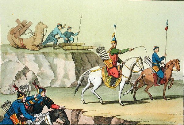 Joukko eteneviä sotilaita, kuvitus Giulio Ferrarion teoksesta "Le Costume Ancien et Moderne", julkaistu noin 1820-30-luvulla (värilitho) tekijältä Giovanni Bigatti
