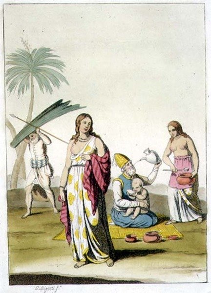 Intiaaniperhe, Jules Ferrarion "Le Costume Ancien et Moderne", julkaistu 1820-30-luvulla (värilitho) tekijältä Giovanni Bigatti