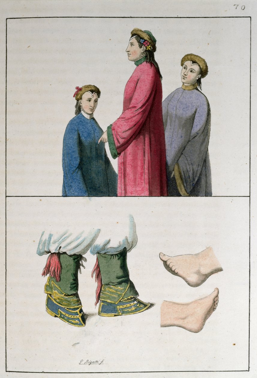 Kiinalaisten naisten jalat, kuvitus Jules Ferrarion teoksesta "Le Costume Ancien et Moderne", julkaistu Milanossa vuonna 1819 tekijältä Giovanni Bigatti
