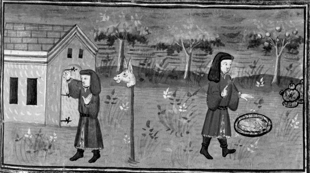 Dekameron,Frédéric koputtaa Madame Tessan ovelle; mies löytää ruokaa ja viiniä persikkapuun alta. Seitsemäs päivä, novelli 1 tekijältä Giovanni Boccaccio