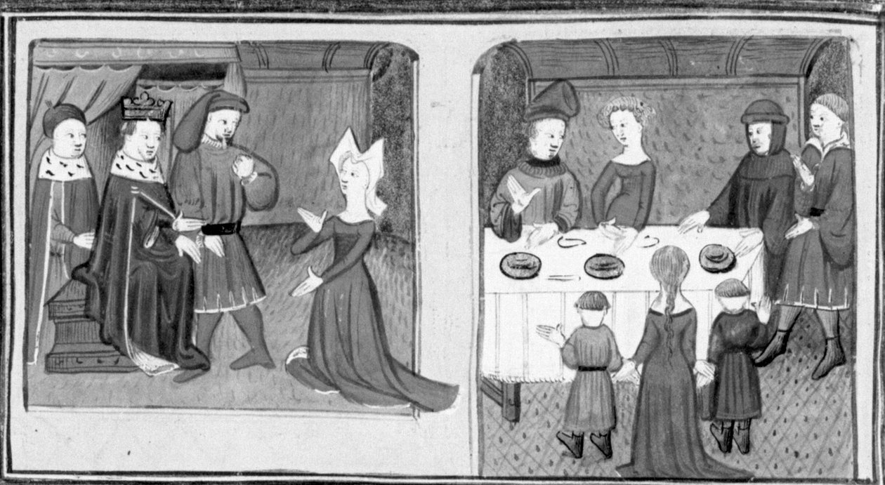 Decameron,Giletta pyytää kuninkaalta lupaa mennä naimisiin Beltramo di Rossiglionen kanssa; Giletta esittelee lapsensa Beltramolle. Kolmas päivä, novelli 9 tekijältä Giovanni Boccaccio