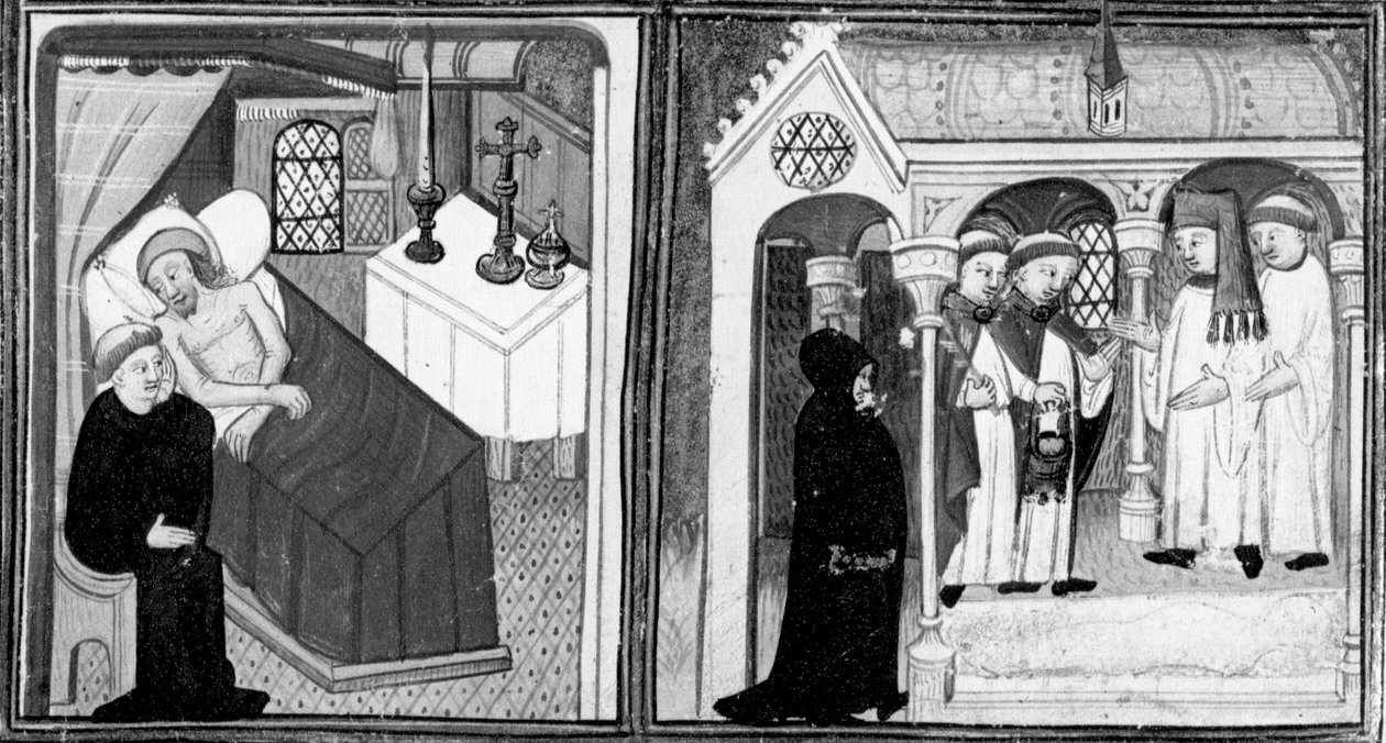 Decameron,Kuolevan Ciappelletton tunnustus; uskovia kutsutaan hartauteen. Ensimmäinen päivä, novelli 1. tekijältä Giovanni Boccaccio