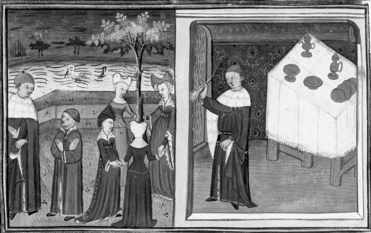 Dekameron, Alberto de Bologna katselee Margheritan tanssia; Alberto selittää rakkautensa luonnetta purjon esimerkin avulla. Ensimmäinen päivä, novelli 10 tekijältä Giovanni Boccaccio