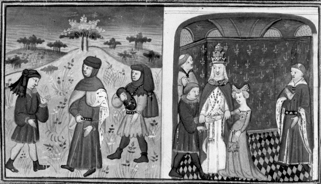 Dekameron, Aleksanteri tapaa nuoren apotin; paavi naittaa Aleksanterin Englannin prinsessalle. Toinen päivä, novelli 3 tekijältä Giovanni Boccaccio