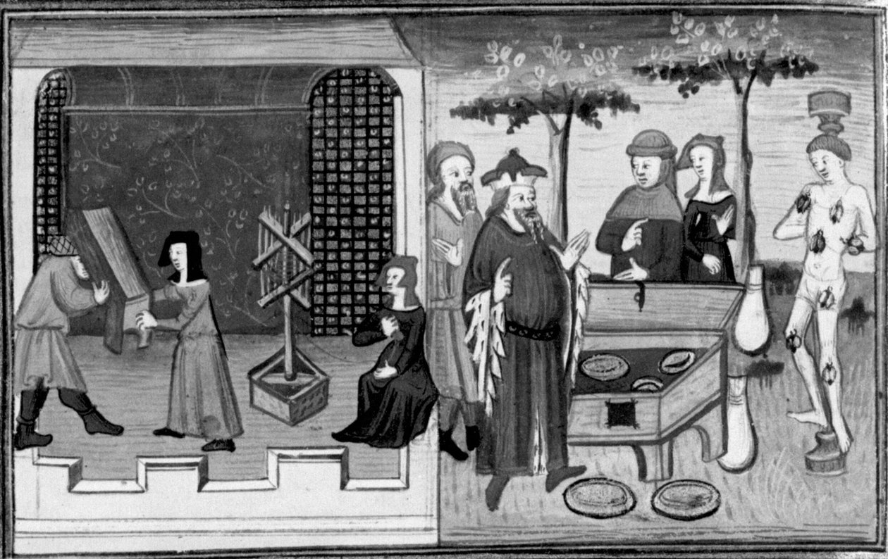 Decameronissa Ambrogiuolo kuljetetaan Bernabòn taloon laatikossa; Ambrogiuoloa rangaistaan petoksesta. Toinen päivä, novelli 9 tekijältä Giovanni Boccaccio