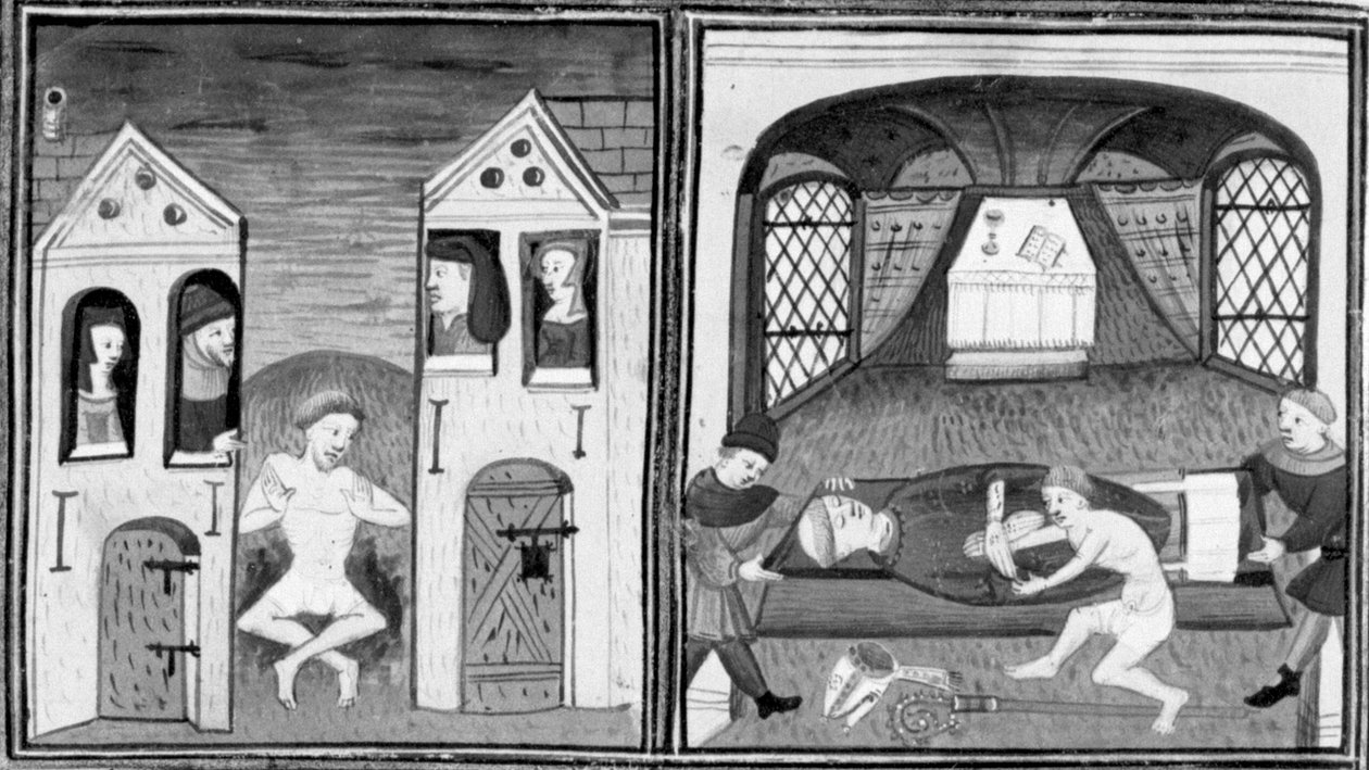 Decameron, Andreuccio putoaa käymälään; Andreuccio auttaa ryöstämään piispan haudan. Toinen päivä, novelli 5 tekijältä Giovanni Boccaccio
