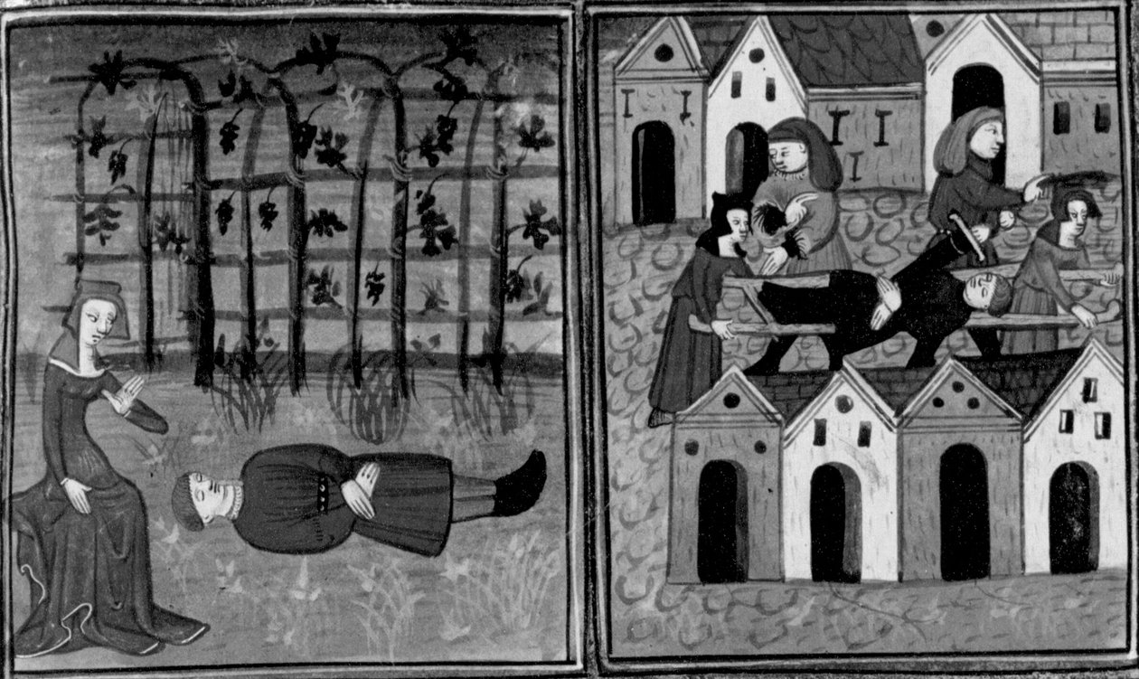 Dekameron,
Andreuola löytää Gabrioten kuolleena; podestà pidättää Andreuolan. Neljäs päivä, uutinen 6 tekijältä Giovanni Boccaccio