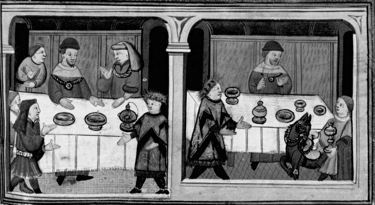 Dekameron, Bergamin kutsutaan Cangrande della Scalan pöytään; Bergamin saa yltäkylläisiä lahjoja. Ensimmäinen päivä, uusi 7. tekijältä Giovanni Boccaccio