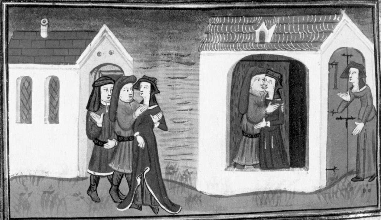 Decameron, Calandrino kosiskelee Niccolosaa; Calandrinon vaimo yllättää miehensä Niccolosan kanssa. Yhdeksäs päivä, novelli 5 tekijältä Giovanni Boccaccio
