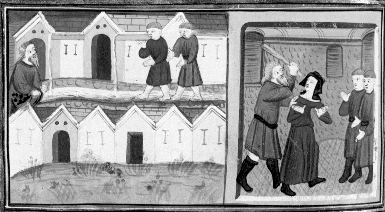 Decameron, Calandrino ja hänen ystävänsä etsivät Mugnonista helikopteriköyttä; Calandrino hakkaa vaimoaan. Kahdeksas päivä, novelli 1 tekijältä Giovanni Boccaccio