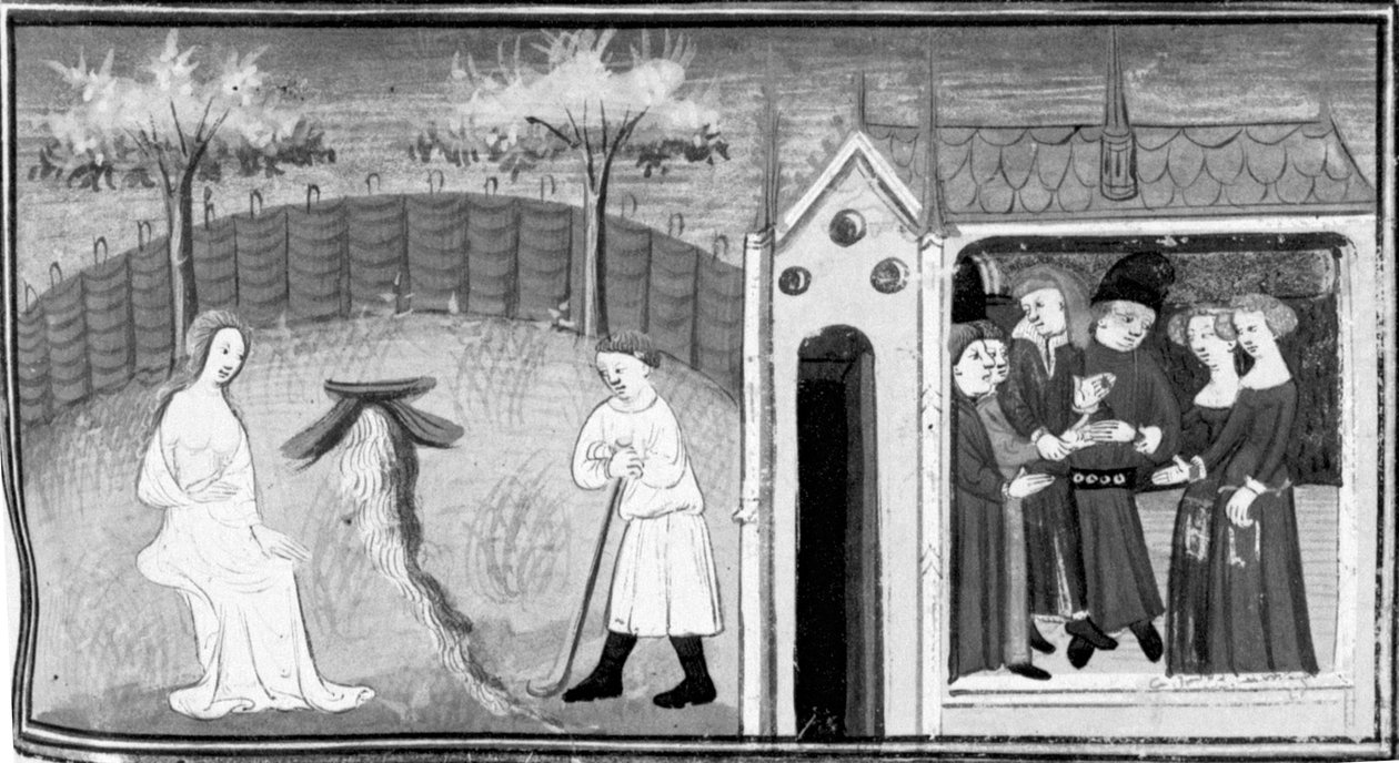 Dekameron, Cimon tarkkailee Iphigeniaa; vietetään kaksoishäitä. Viides päivä, novelli 1 tekijältä Giovanni Boccaccio