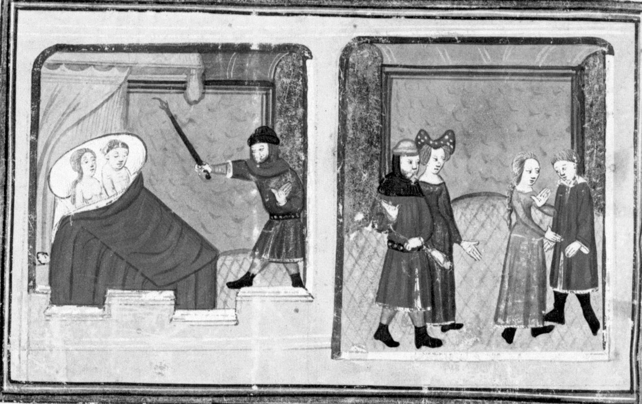 Dekameron, Cimon tarkkailee Iphigeniaa; vietetään kaksoishäitä. Viides päivä, novelli 4 tekijältä Giovanni Boccaccio