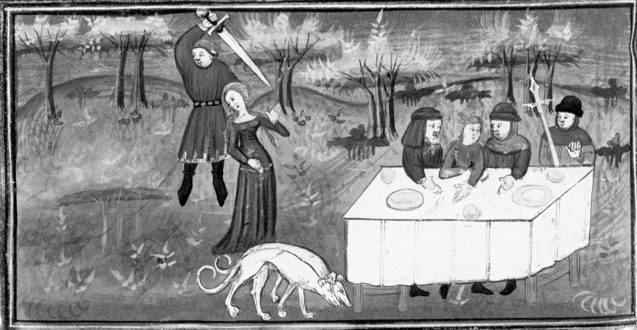 Decameron, Miehet katsovat juhlaillallisilla, kun ritari hyökkää nuoren tytön kimppuun. Viides päivä, novelli 8 tekijältä Giovanni Boccaccio