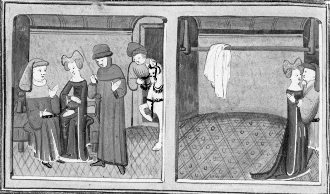 Decameron, Francesco Vergellesi antaa Ziman puhua vaimonsa kanssa; Zima ja Francescon vaimo vaihtavat suudelman. Kolmas päivä, novelli 5 tekijältä Giovanni Boccaccio