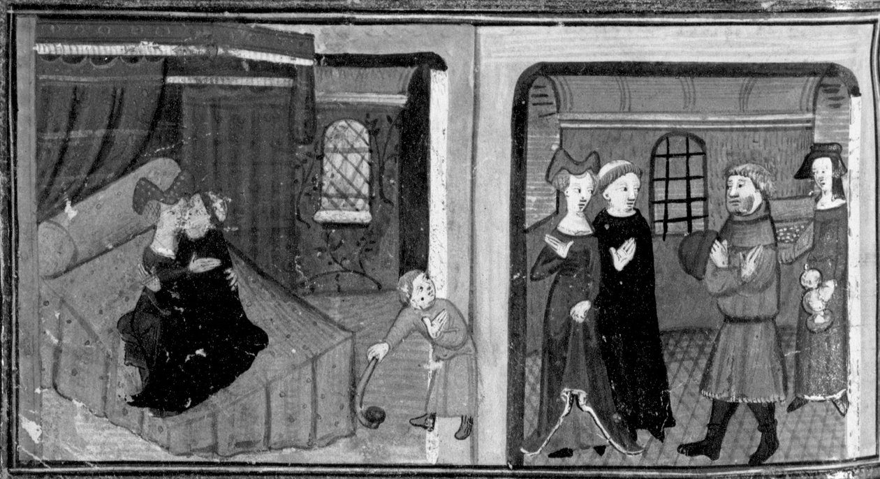 Dekameron, Veli Rinaldo makaa kummipoikansa äidin kanssa; lapsen isä palkitsee veljen. Seitsemäs päivä, novelli 3 tekijältä Giovanni Boccaccio