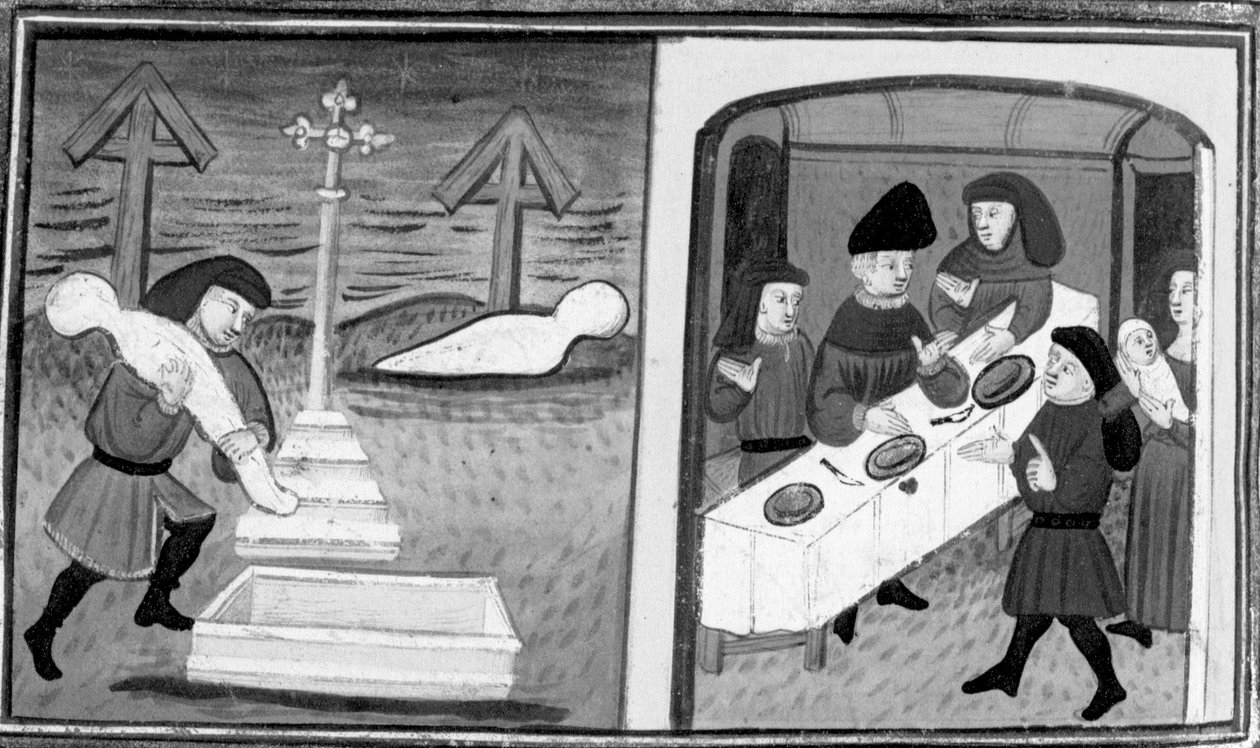 Decameron, Gentile Carisendi pelastaa Catalinan haudasta; mies esittelee naisen ja hänen poikansa vieraille. Kymmenes päivä, novelli 4 tekijältä Giovanni Boccaccio
