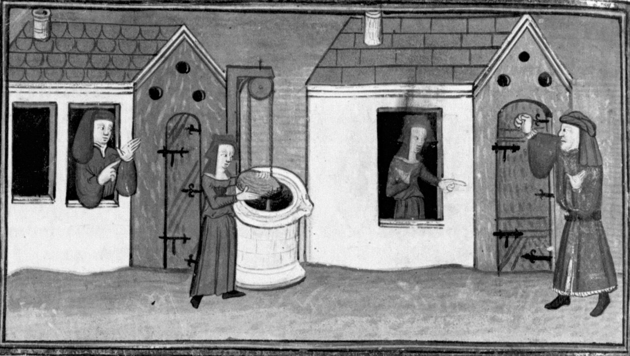 Dekameron, Ghita heittää kiven kaivoon; Tofano lukitaan ulos talosta . Seitsemäs päivä, novelli 4 tekijältä Giovanni Boccaccio