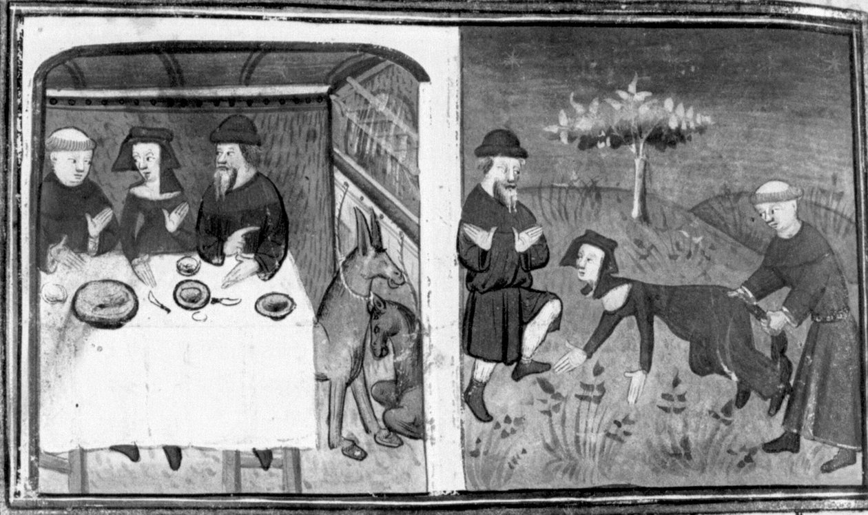 Dekameron, Gianni di Barolo istuu pöydässä Pietro da Tresantin ja tämän vaimon kanssa; Gianni yrittää sitoa naisen häntää. Yhdeksäs päivä, novelli 10 tekijältä Giovanni Boccaccio