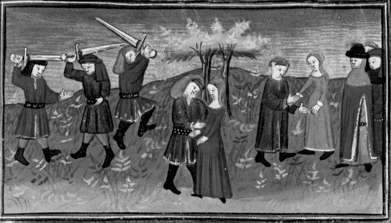 Décaméron, Giannole ja Minghino yrittävät siepata Agnèsin; Agnès menee naimisiin Minghinon kanssa. Viides päivä, novelli 5 tekijältä Giovanni Boccaccio