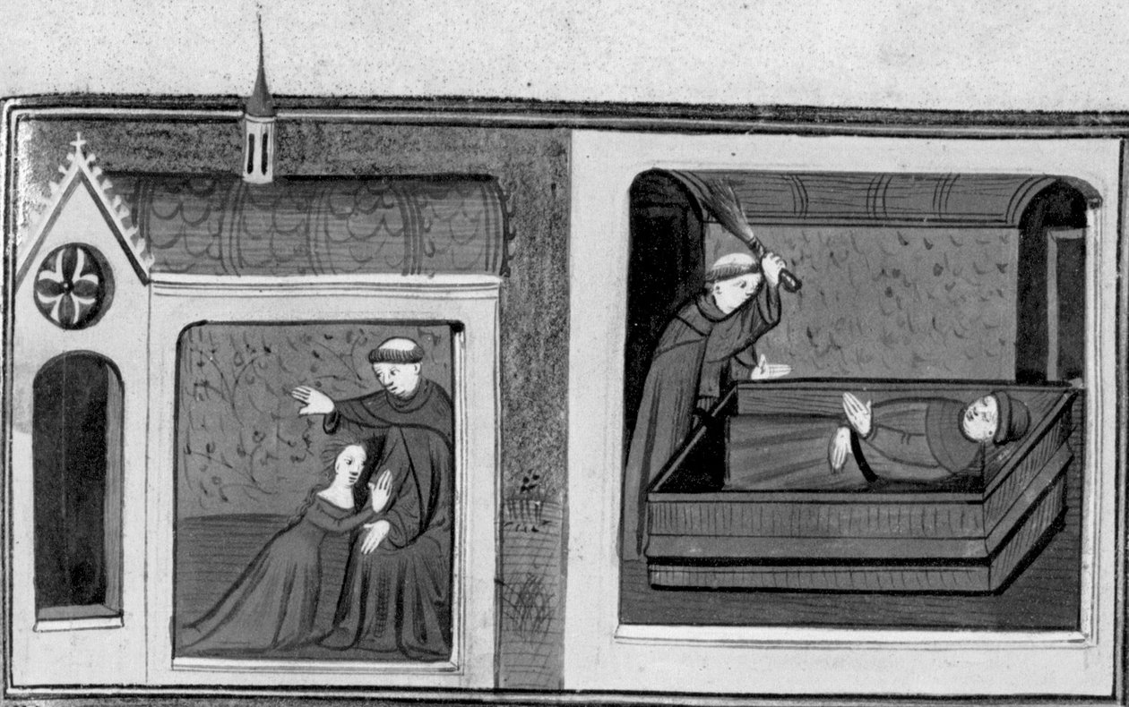 Dekameronissa Ferondon vaimo tunnustaa abbedissa; abbedissa rangaistaan Ferondoa. Kolmas päivä, novelli 8 tekijältä Giovanni Boccaccio