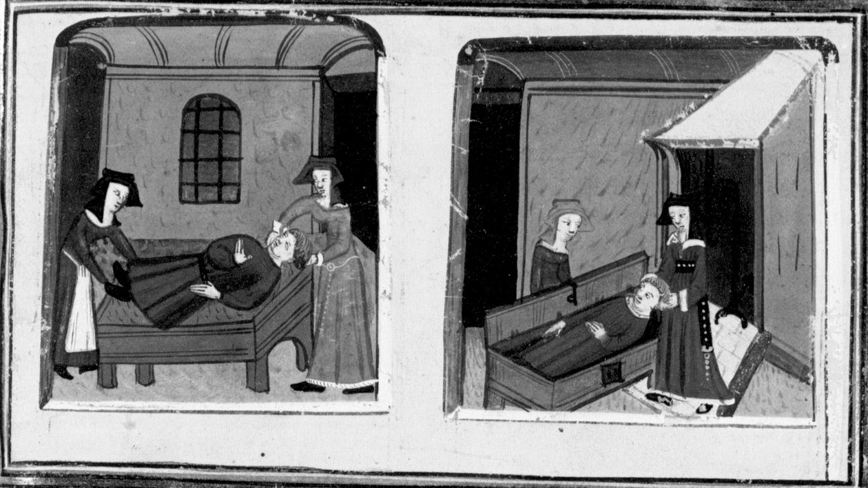 Dekameronissa Mazzeon vaimo uskoo rakastajansa kuolleen; nainen kätkee ruumiin arkkuun. Neljäs päivä, novelli 10 tekijältä Giovanni Boccaccio